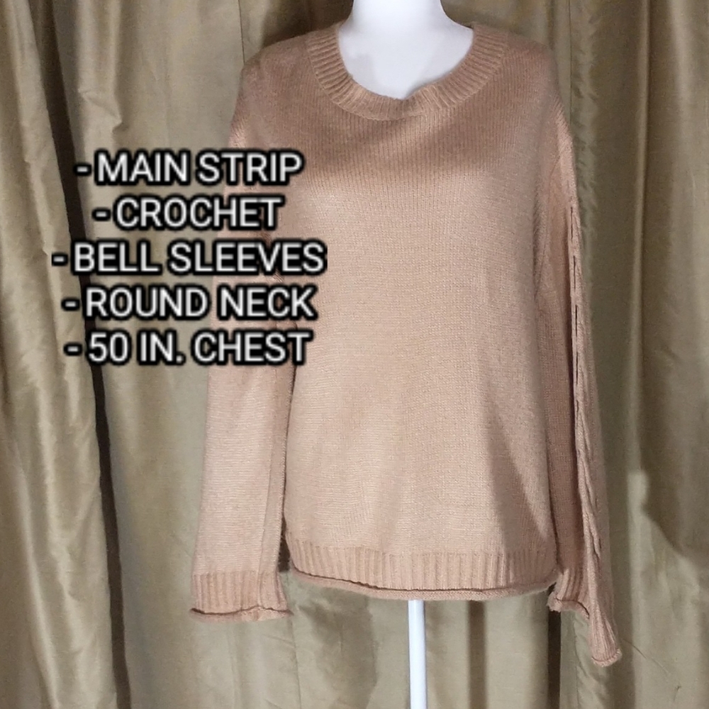 Main Strip Beige Sweater W/ Crochet Bell Sleeves. Size Large.